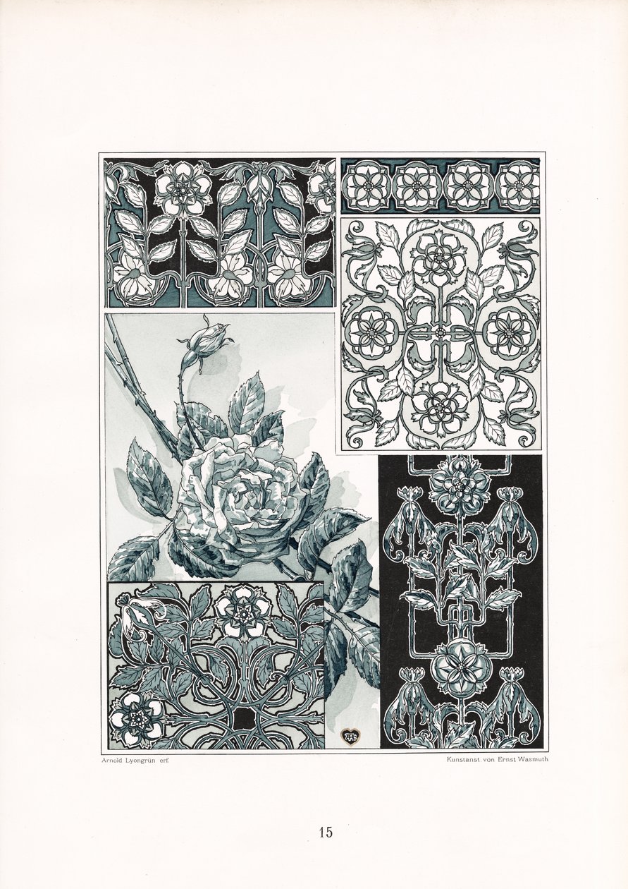 Rosenornamentstudien in Grüntönen von Arnold Lyongrün