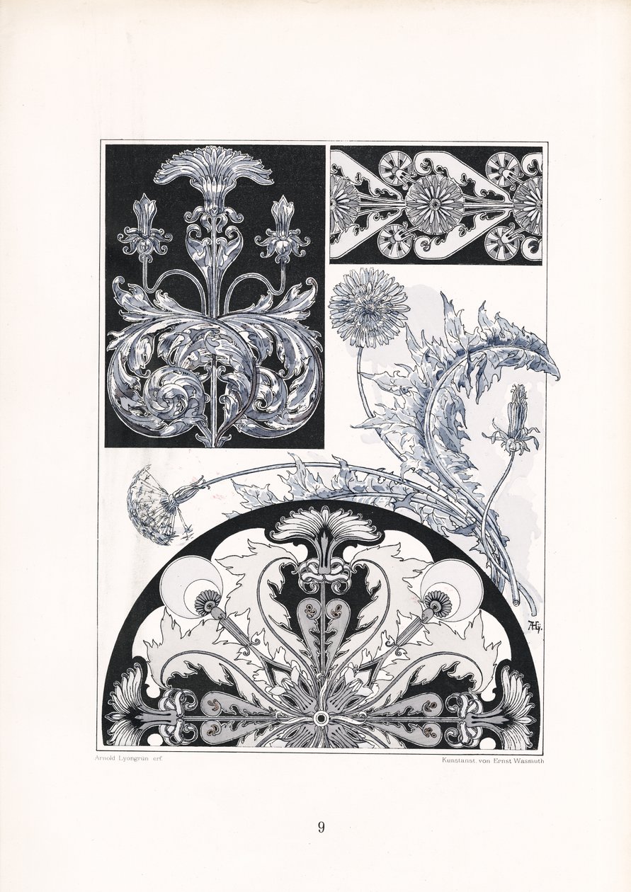 Stilisierte Distelornamente in Schwarz-Weiß von Arnold Lyongrün
