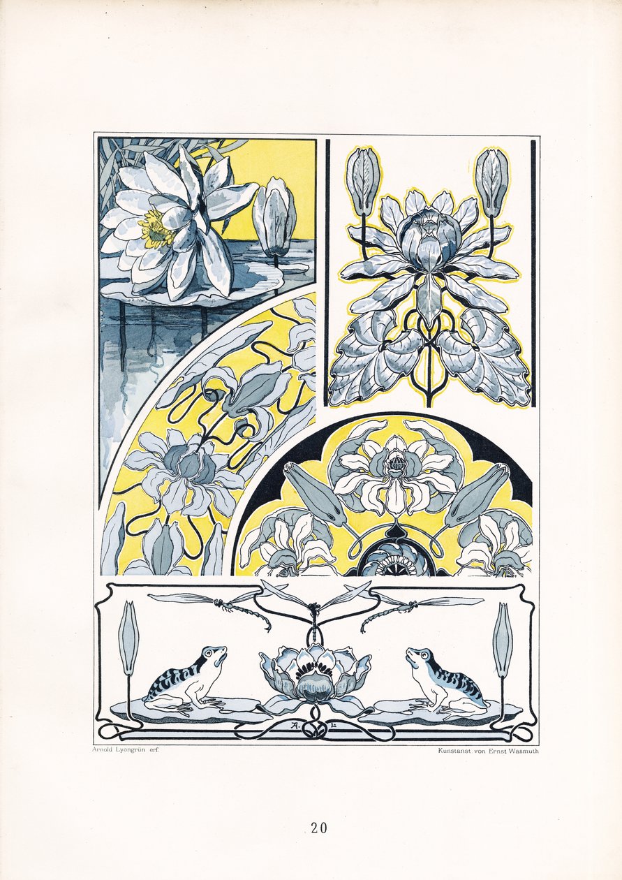 Seerosenmotive in Blau-Gelb-Komposition von Arnold Lyongrün