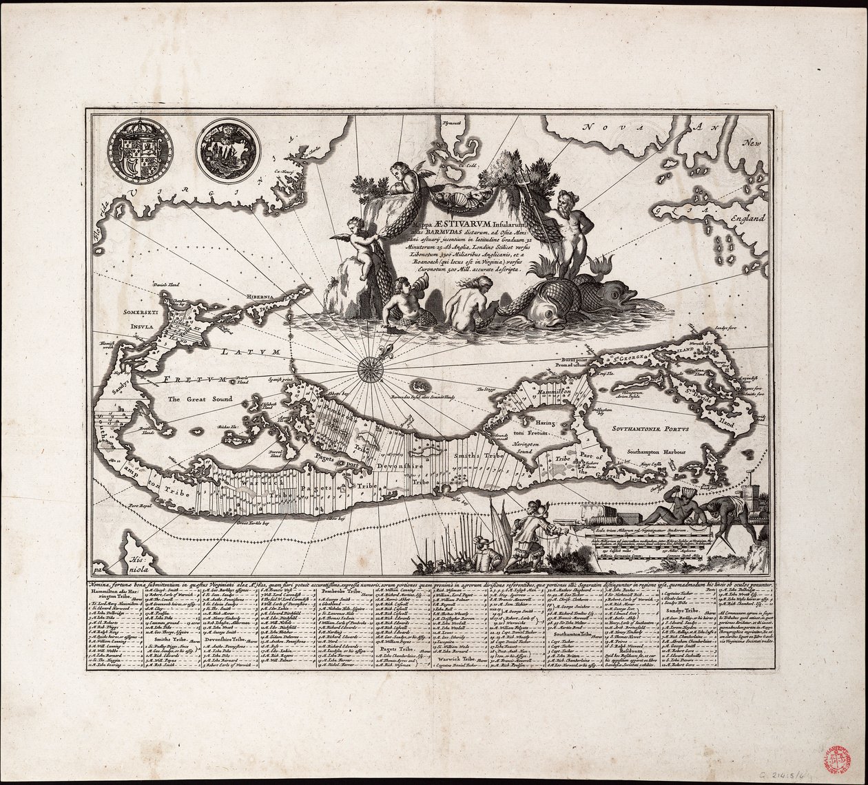 Mappa Aestivarum Insularum, alias Barmudas dictarum. Einzelseite, Gravur von Arnoldus Montanus
