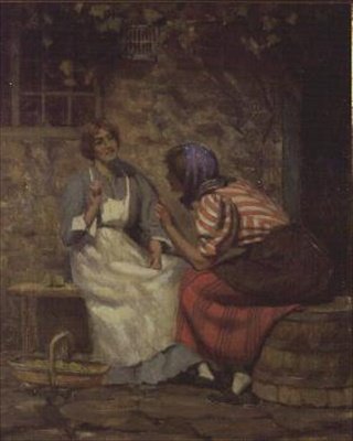 Skandal, zwei Mädchen tratschen vor einem Cottage von Arthur Claude Cooke