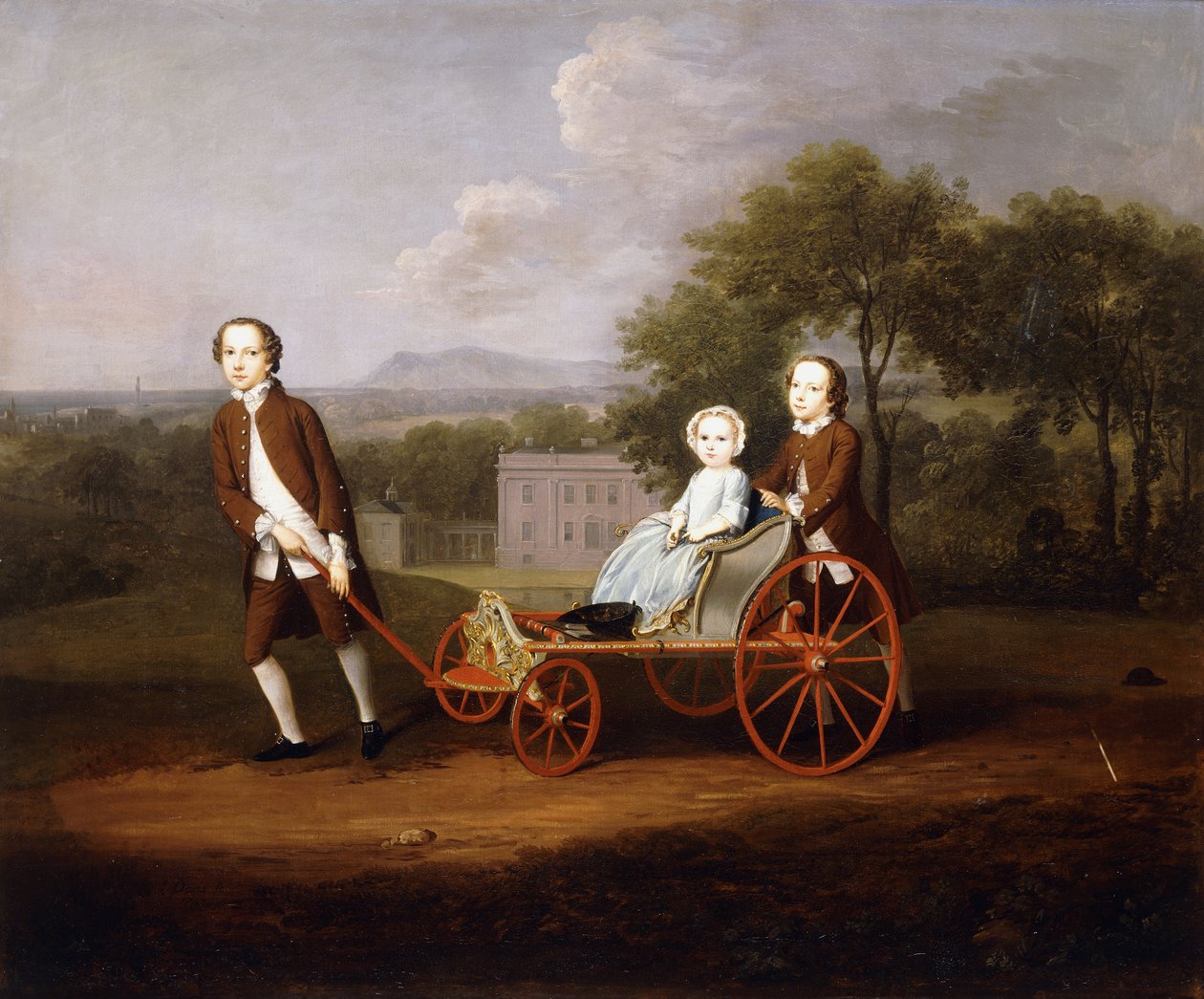 Gruppenporträt von drei Kindern von Peter und Mary Du Cane, alle in voller Länge, spielen mit einem aufwendigen Hundewagen, im Garten eines Landhauses, 1747 von Arthur Devis