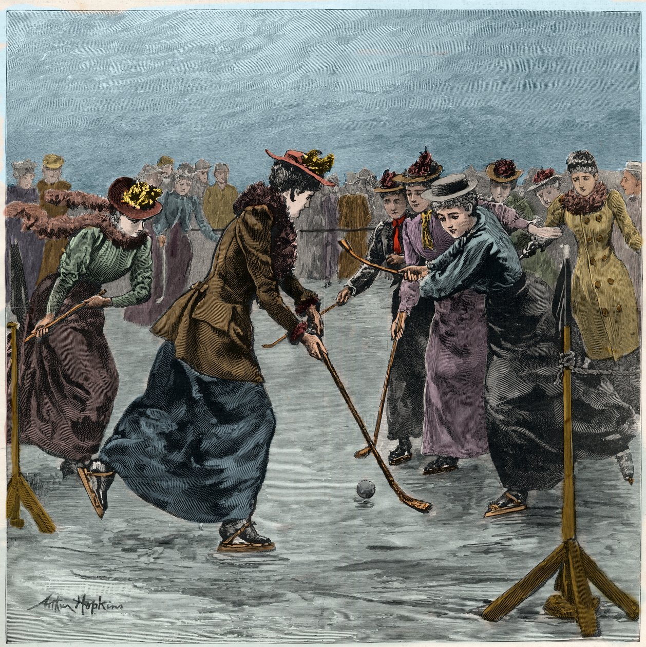 Eishockey: Ein Damenmatch auf dem See im Wimbledon Park (spätere Kolorierung) von Arthur Hopkins