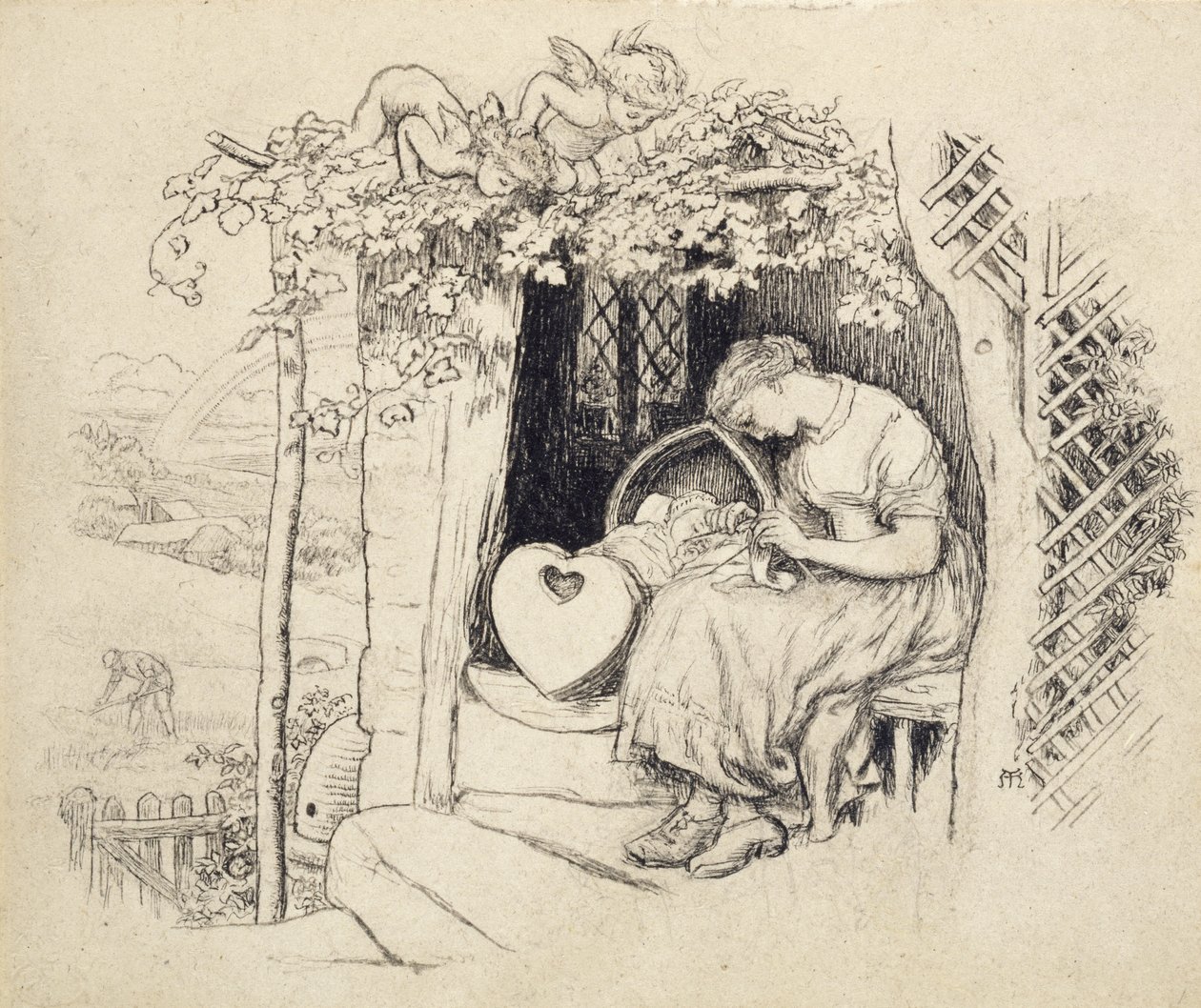 Am Wiege (Feder und Tusche über Graphit) von Arthur Hughes