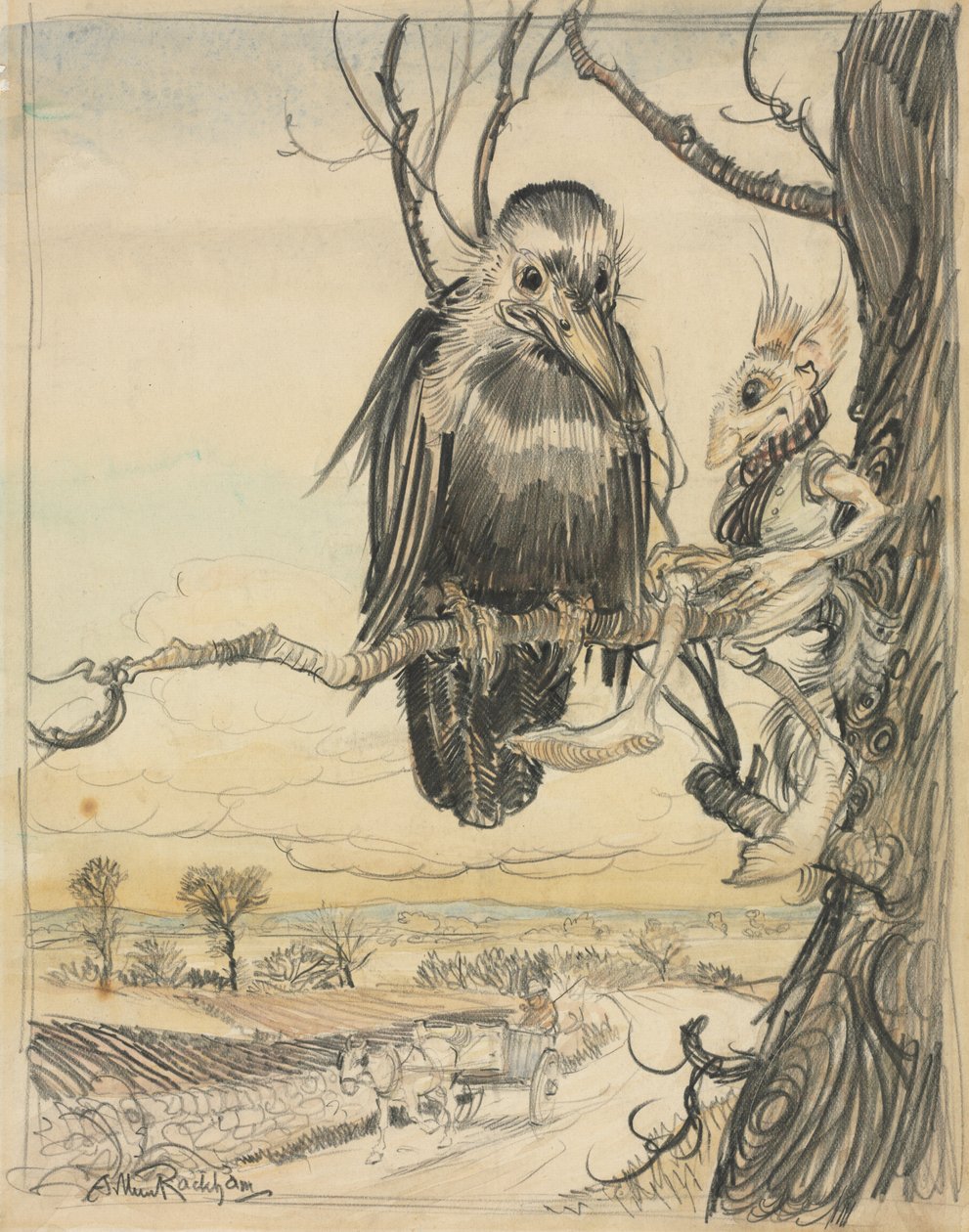 Ein Eichhörnchen und eine Krähe von Arthur Rackham