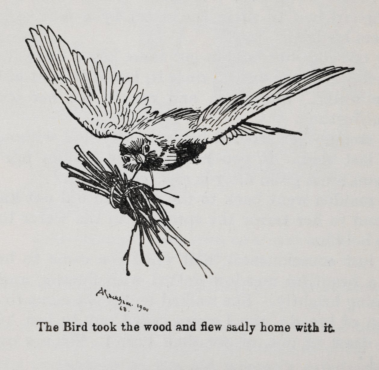 Ein Vogel, der ein Bündel Zweige trägt von Arthur Rackham