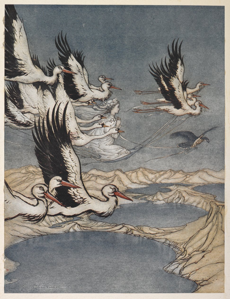 Eine Schar Vögel trägt die Tochter von Earl Mar am Vorabend ihrer Hochzeit davon von Arthur Rackham