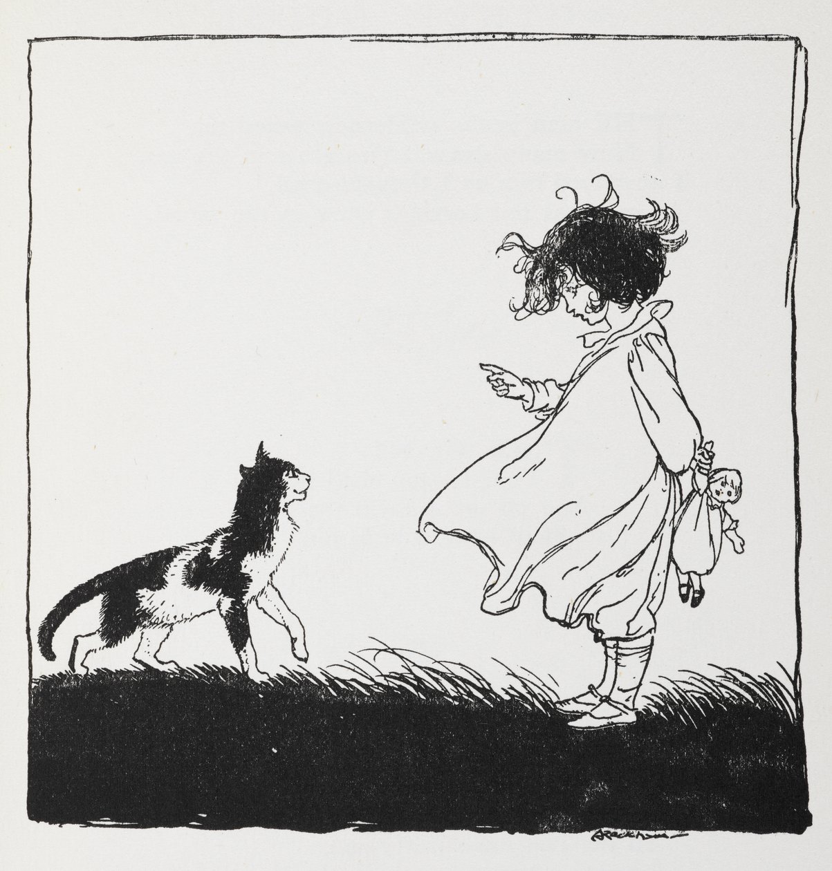Ein Mädchen mit einer Puppe schimpft ihre Katze aus von Arthur Rackham