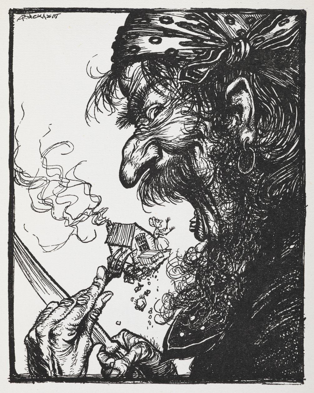 Ein großer Mann isst eine winzige Dame und ihr Haus. von Arthur Rackham
