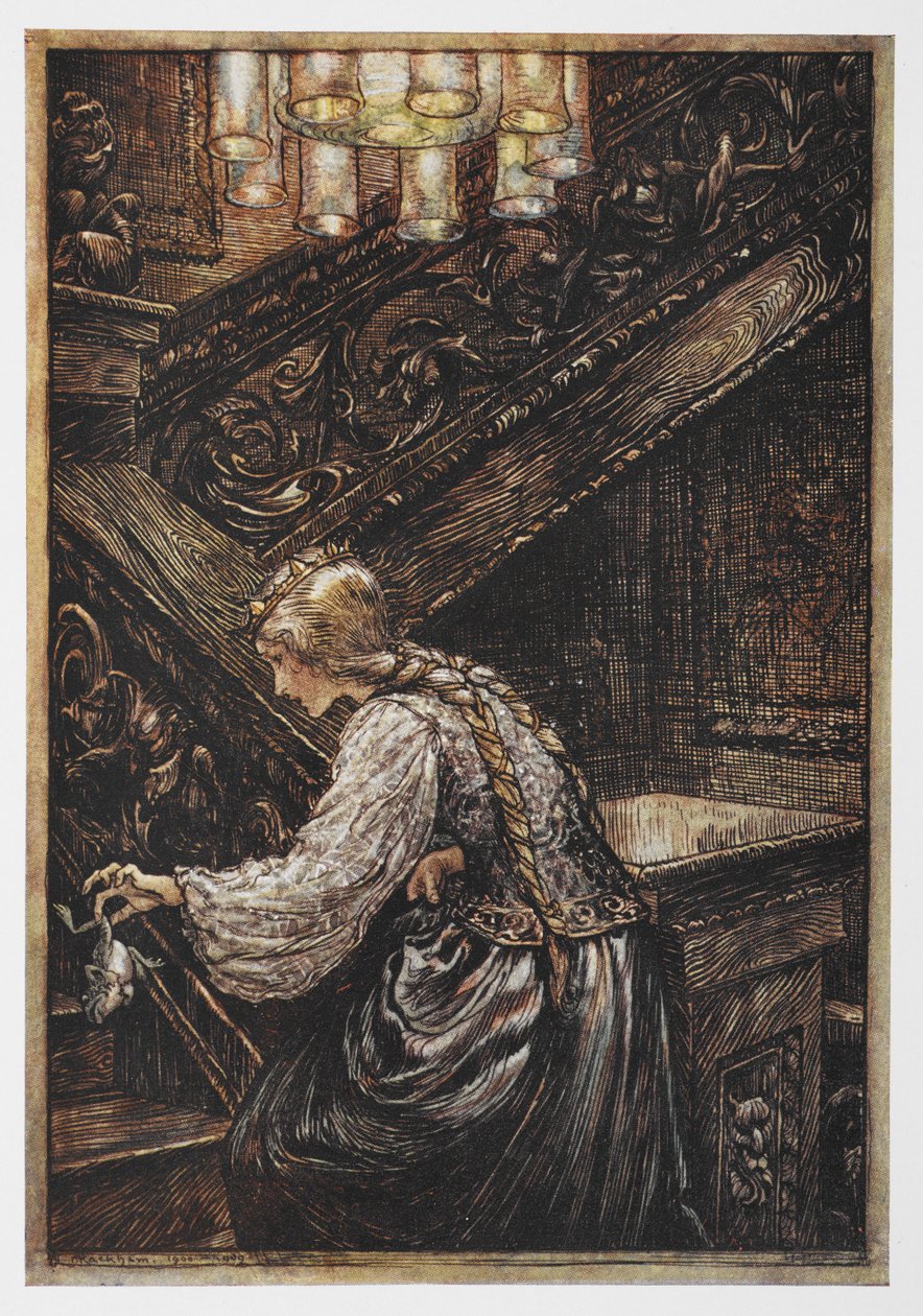 Eine Prinzessin trägt einen Frosch aus Der Froschkönig von Arthur Rackham