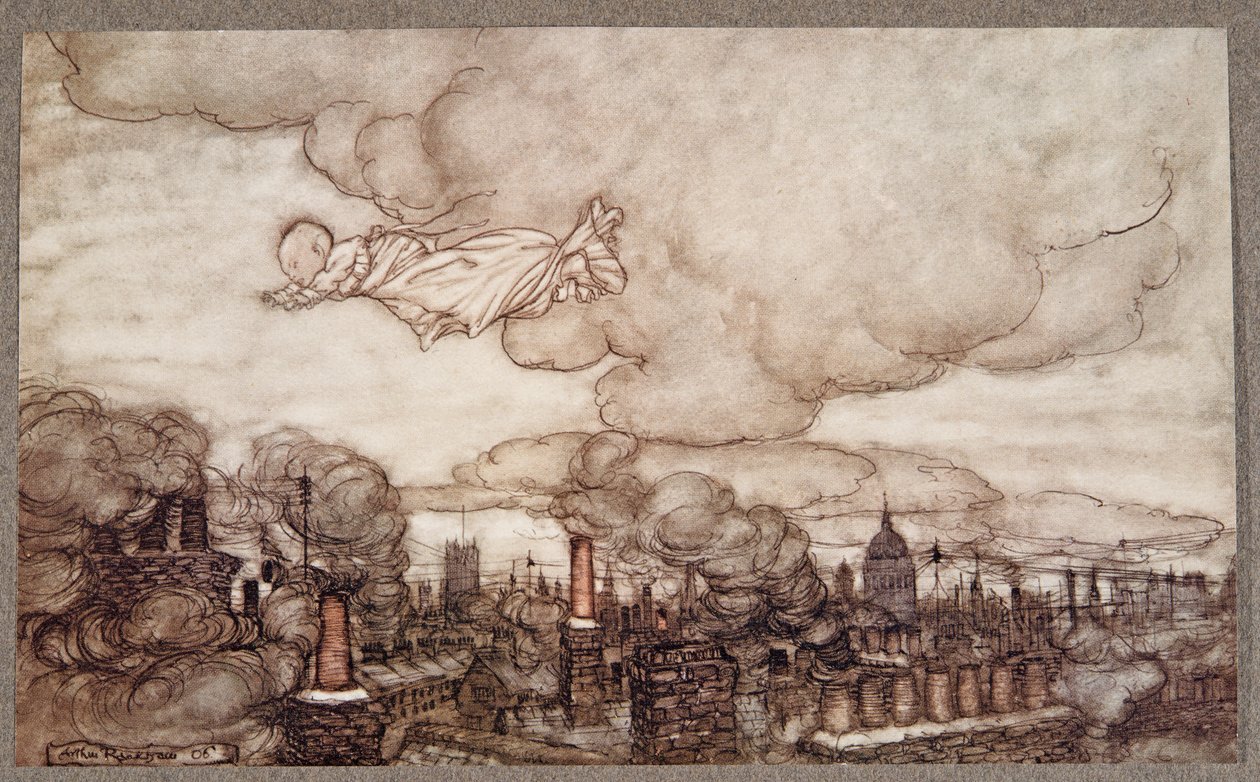 Er flog über die Häuser zu den Gärten, aus Peter Pan in Kensington Gardens von J M Barrie, veröffentlicht 1906 von Arthur Rackham