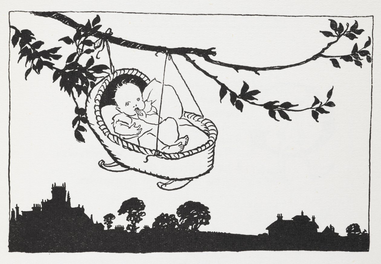Baby in einer Wiege, die von einem Ast hängt von Arthur Rackham