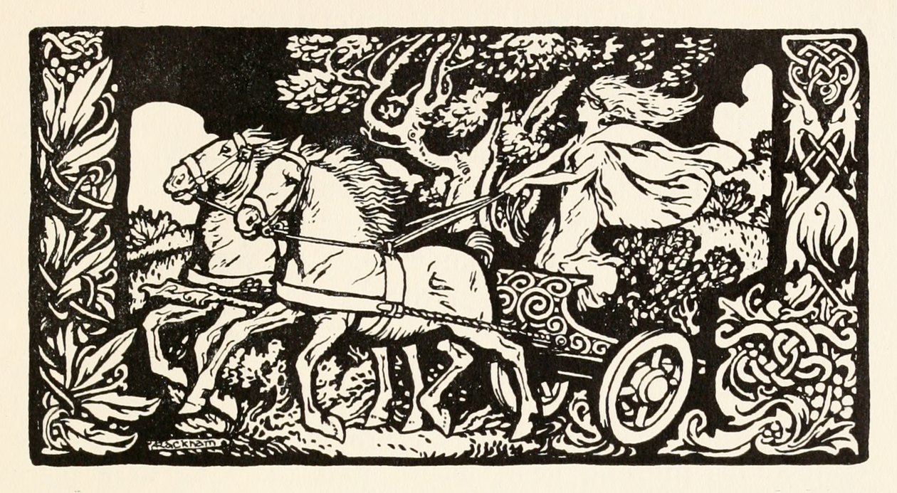 Becfola in ihrem Wagen aus The Wooing of Becfola in Irish Fairy Tales von Arthur Rackham