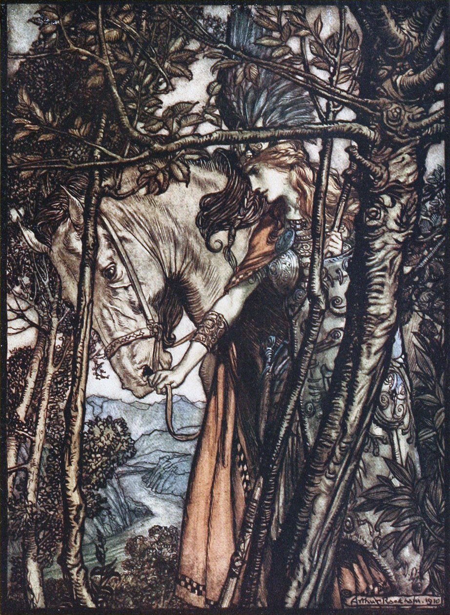 Brünnhilde führt ihr Pferd am Zügel. Illustration für Das Rheingold und Die Walküre von Richard Wagner von Arthur Rackham