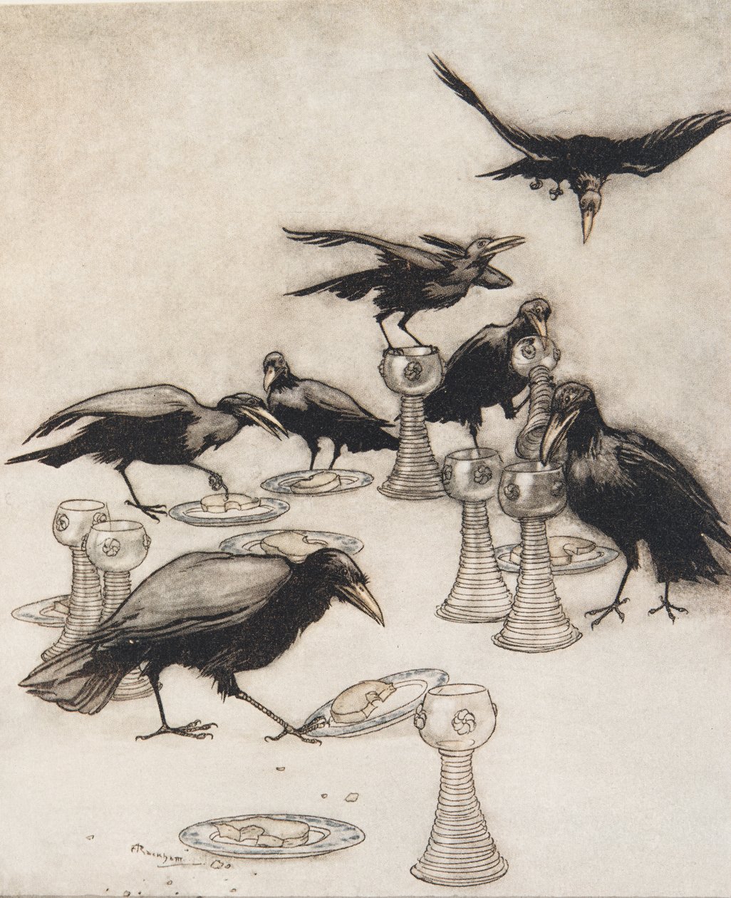 Aber sie sagten nacheinander: Hallo! Wer hat von meinem Teller gegessen? Wer hat aus meiner Tasse getrunken? aus Die Märchen der Brüder Grimm, veröffentlicht 1909 von Arthur Rackham