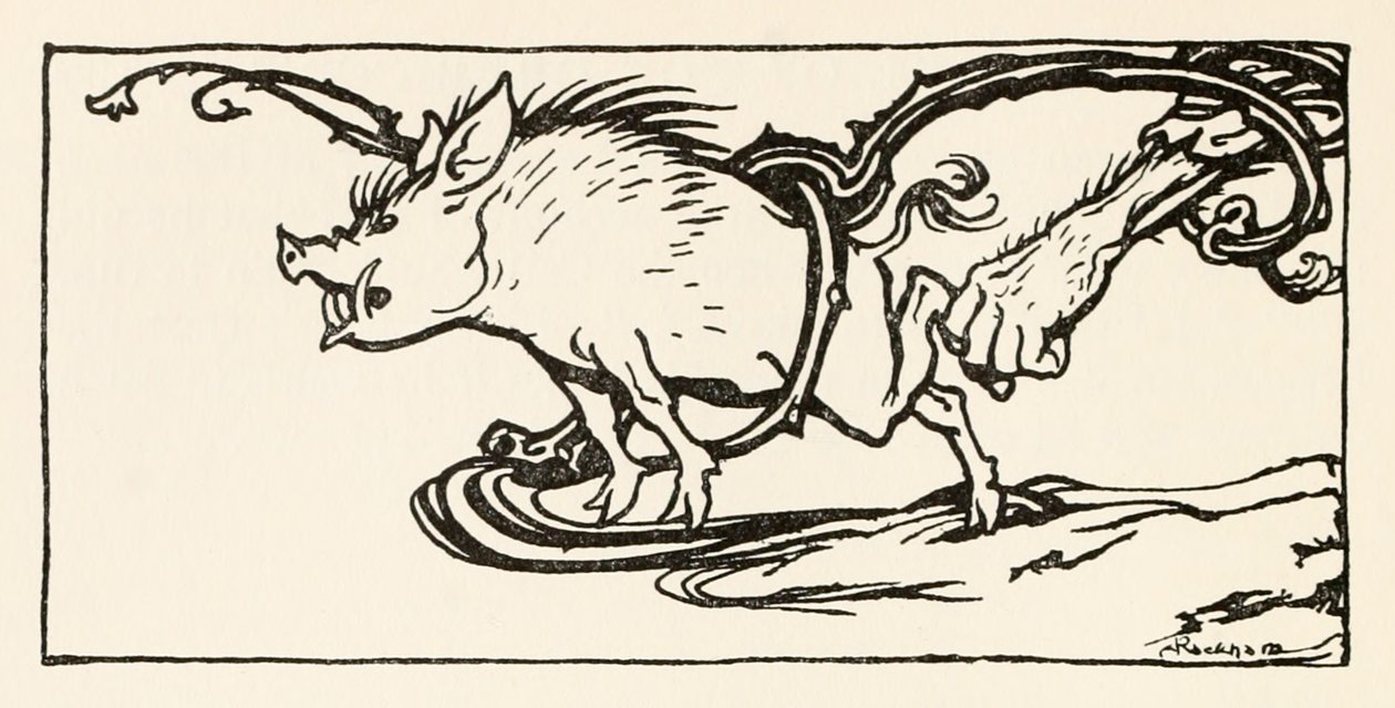 Carl fängt einen Wildschwein für sein Abendessen, aus The Carl of the Drab Coat in Irish Fairy Tales von Arthur Rackham