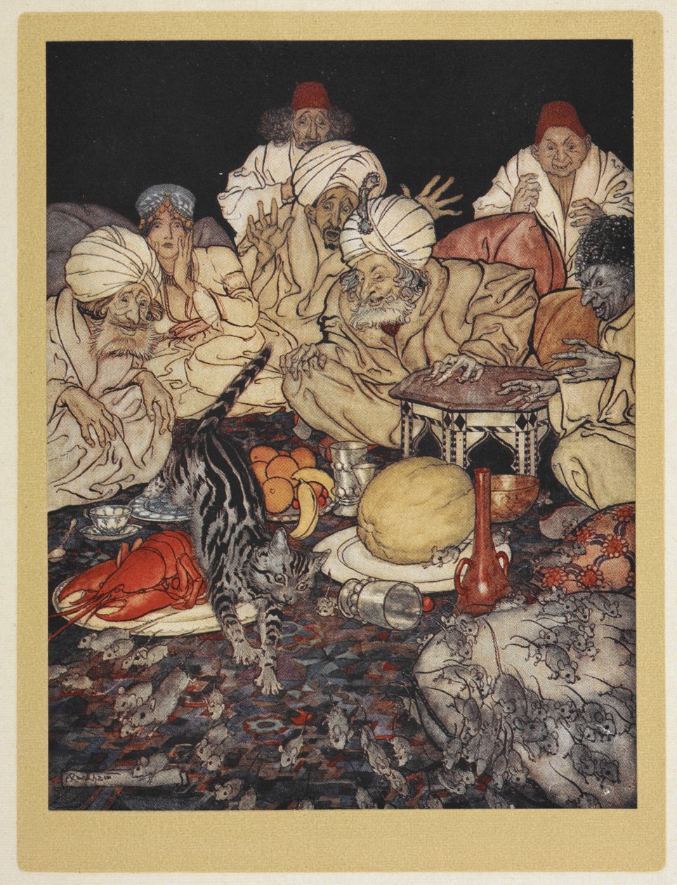 Dick Whittingtons Katze reitet den König der Mauren von seinen Mäusen. von Arthur Rackham