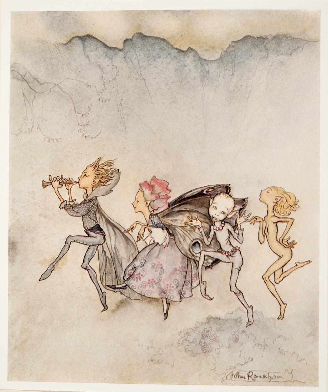 Jeder, der auf seinen Zehen trippelt, wird hier mit Mop und Mow sein, Illustration aus William Shakespeares Der Sturm, veröffentlicht 1926 von Arthur Rackham