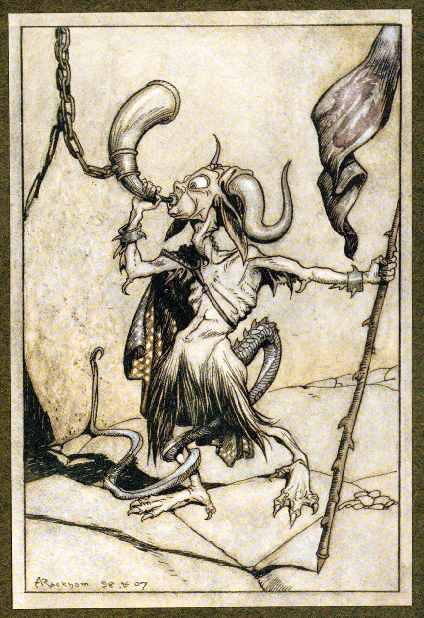 Bevor das Horn am Tor des Barbican-Turms geblasen wurde, 1907 von Arthur Rackham