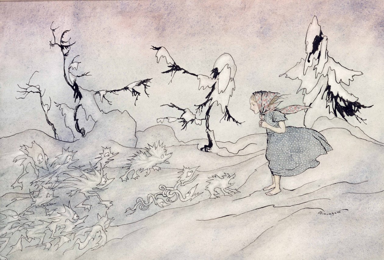 Gerda ist von der Vorhut der Schneekönigin erschrocken, aber sie sagte das Vaterunser und wird von kleinen hellen Engeln gerettet, Illustration aus Die Schneekönigin von Hans Christian Andersen, veröffentlicht 1932 von Arthur Rackham
