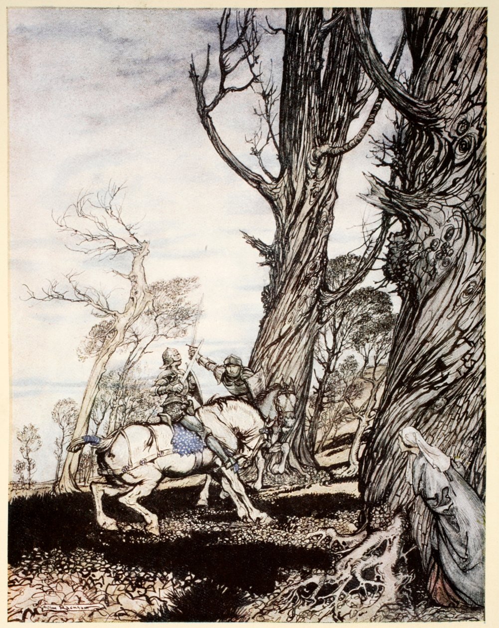 Wie Sir Launcelot den Ritter Sir Peris de Forest Savage tötete, der Damen, Fräuleins und Edelfrauen bedrängte, Illustration aus 