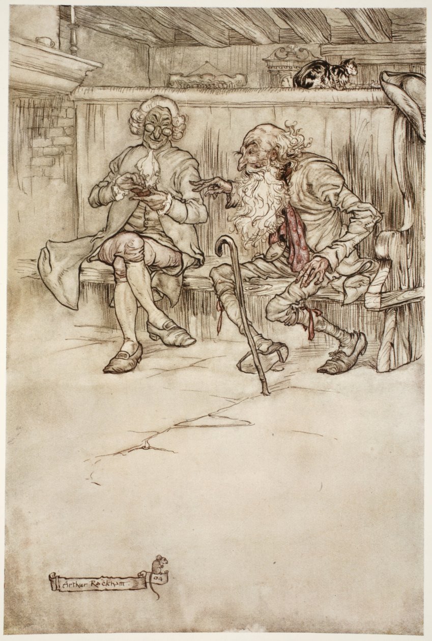 Ich habe sogar selbst mit Rip Van Winkle gesprochen, der, als ich ihn zuletzt sah, ein sehr ehrwürdiger alter Mann war., aus Rip Van Winkle von Washington Irving, veröffentlicht 1910 von Arthur Rackham