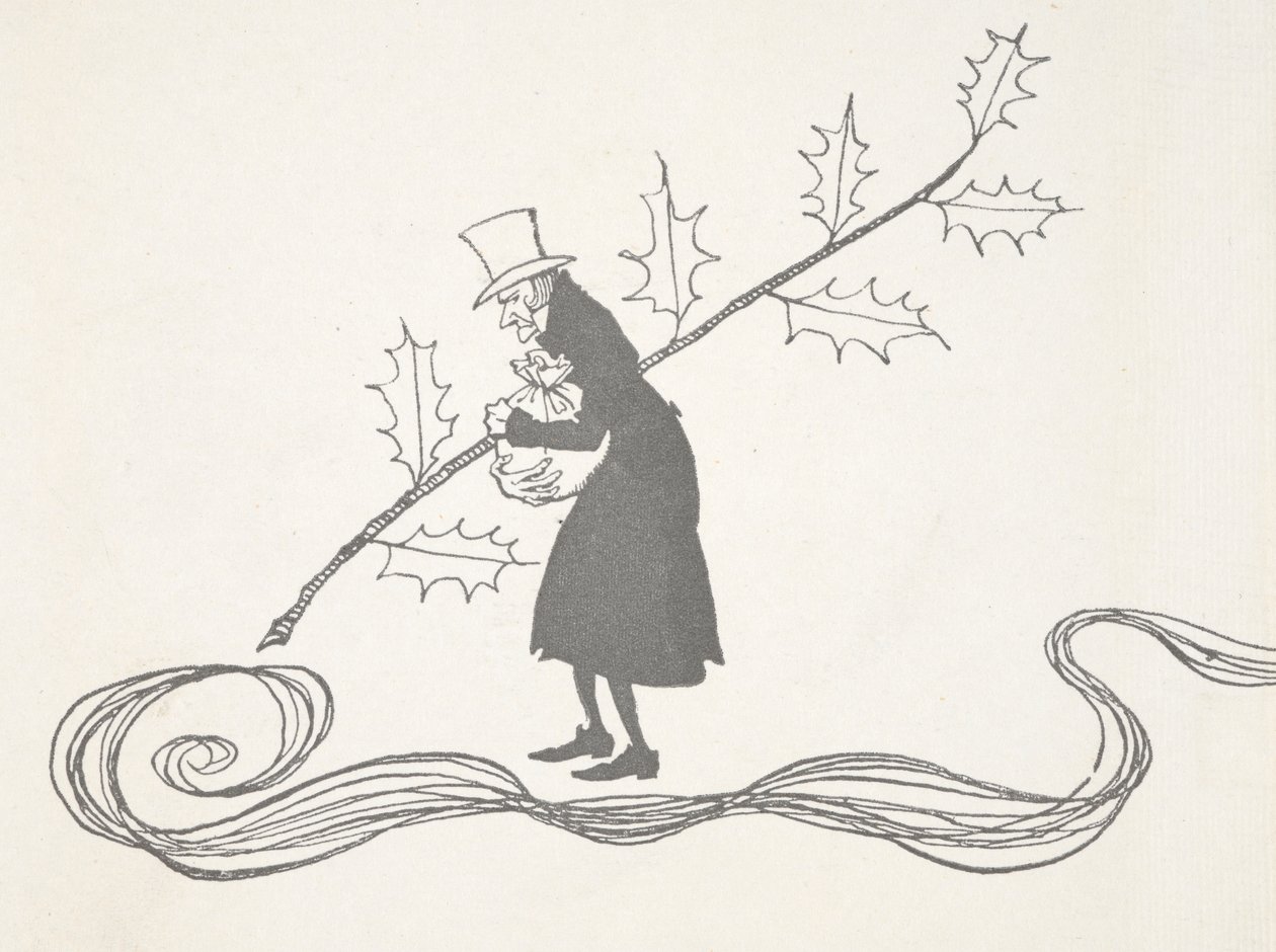 Illustration von Scrooge, dargestellt mit einem Stechpalmenzweig, der eine Geldtasche hält und wütend aussieht. von Arthur Rackham