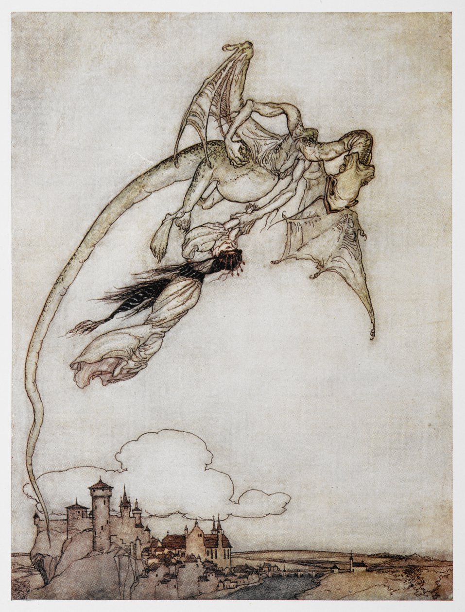 Illustration eines Drachen, der die Prinzessin entführt, aus Die vier klugen Brüder von Arthur Rackham