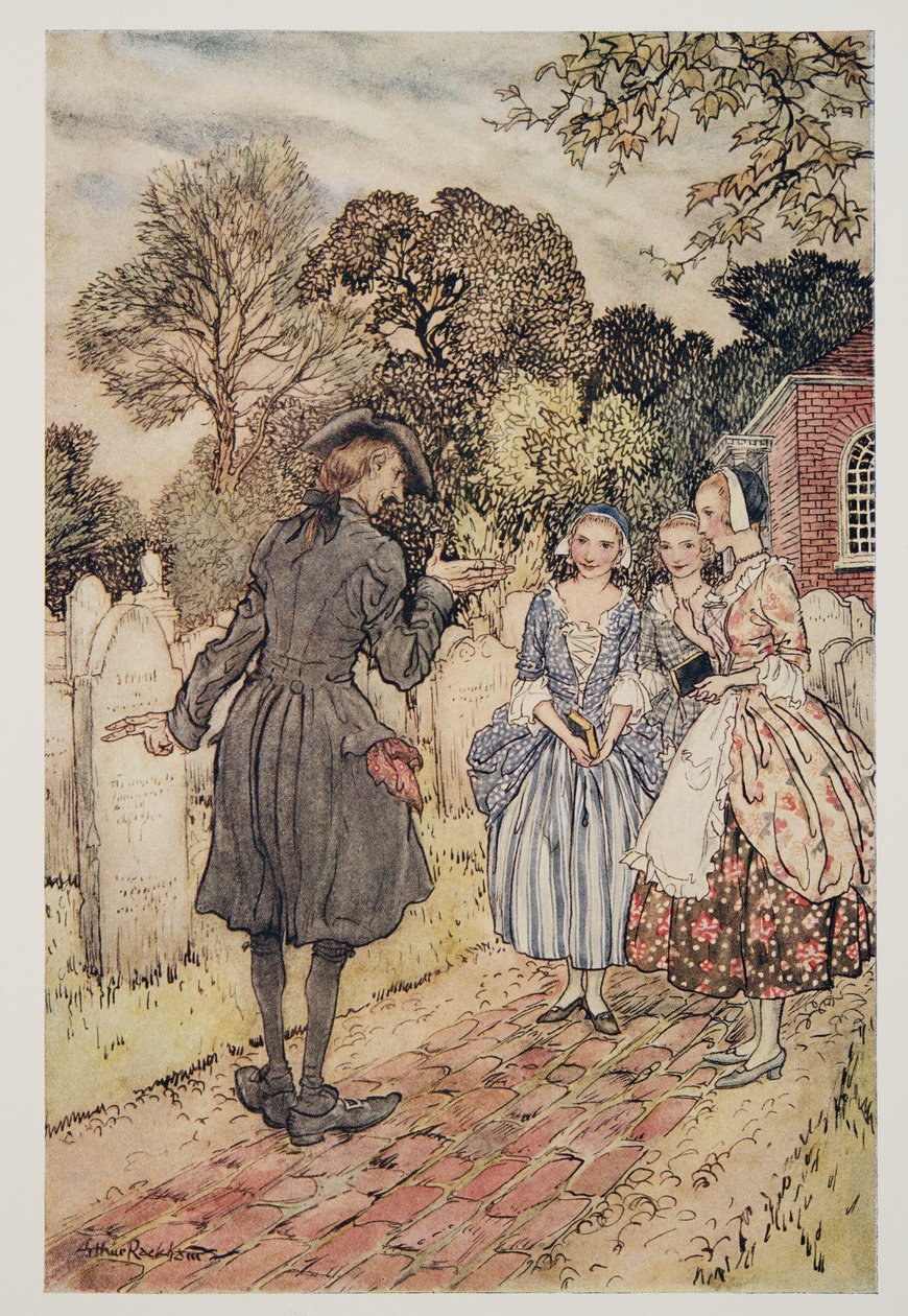 Zum Vergnügen alle Epitaphe auf den Grabsteinen rezitierend, aus Die Legende von Sleepy Hollow von Washington Irving (1783 - 1859), veröffentlicht 1928 von Arthur Rackham