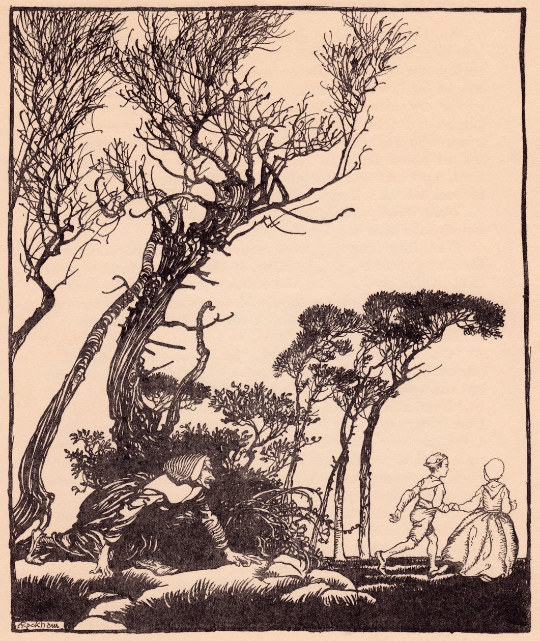 Sie schlich ihnen heimlich nach, wie Hexen es tun. Illustration von Arthur Rackham aus Grimms Märchen Brüderchen und Schwesterchen. von Arthur Rackham