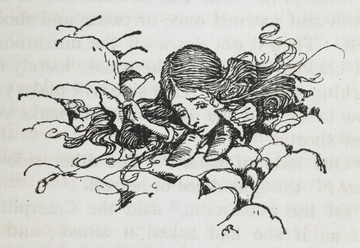 Geschrumpfte Alice nach dem Essen eines Stücks des Pilzes der Raupe von Arthur Rackham