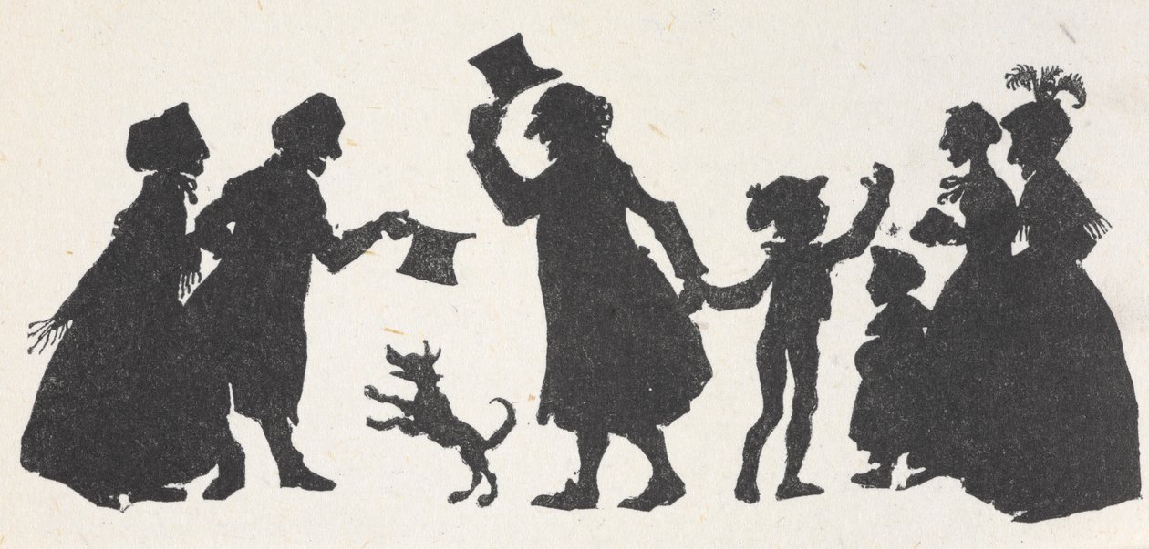 Silhouette eines Jungen und eines Mannes, die Leute auf dem Heimweg von der Kirche begrüßen von Arthur Rackham