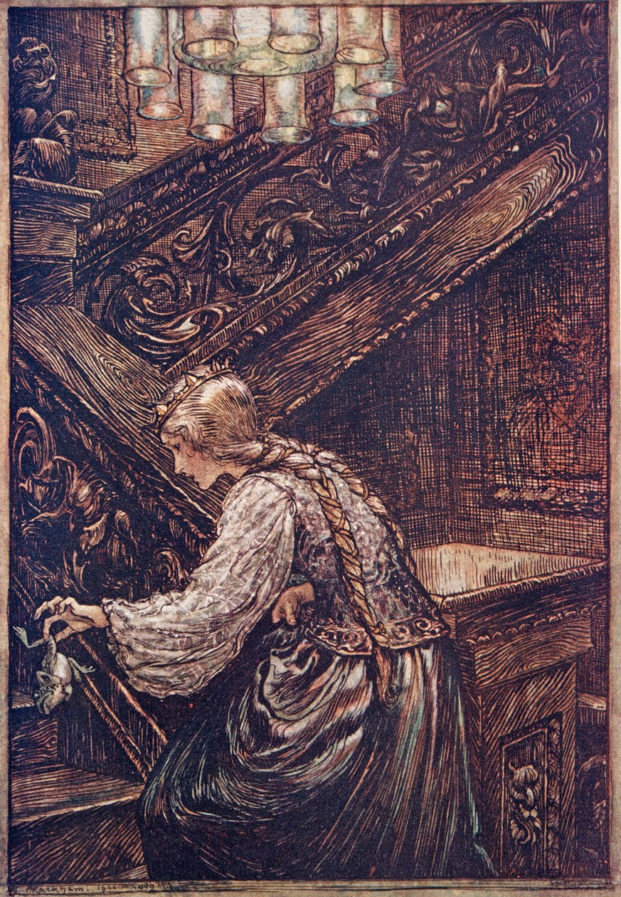 So packte sie ihn mit zwei Fingern und trug ihn nach oben, aus Die Märchen der Brüder Grimm, veröffentlicht 1909 von Arthur Rackham