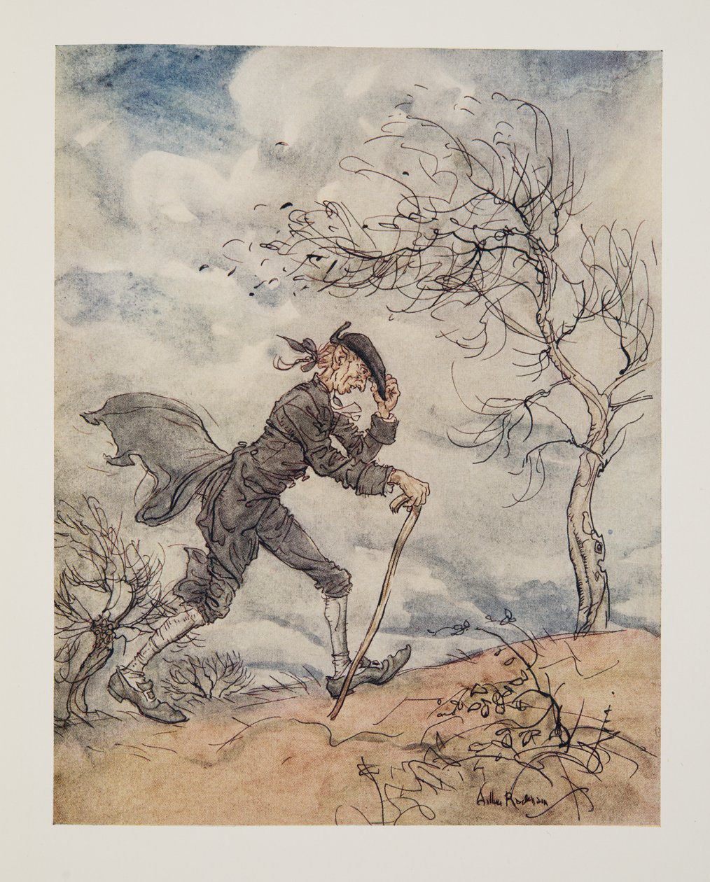 Entlang des Profils eines Hügels an einem windigen Tag (aus Die Legende von Sleepy Hollow von Washington Irving) von Arthur Rackham