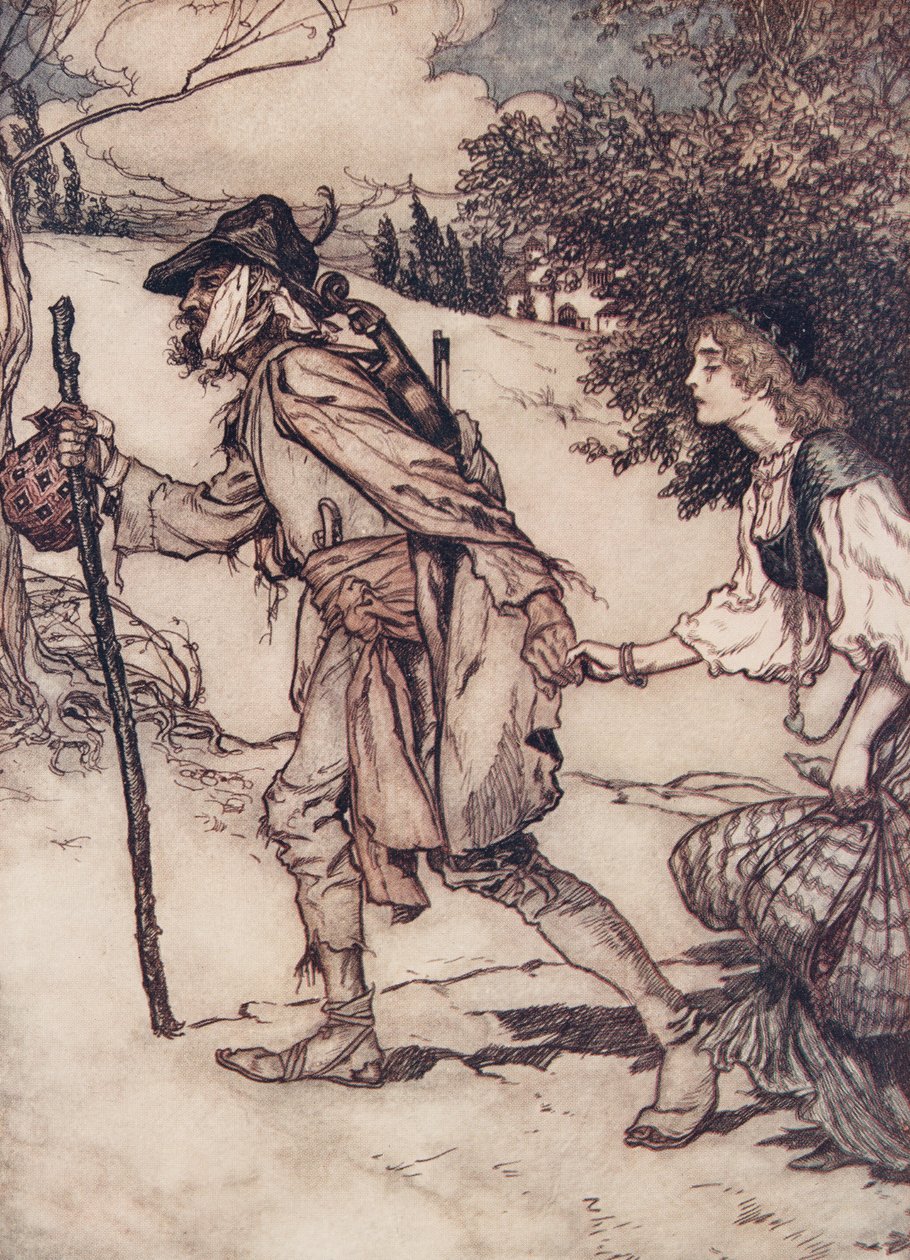Der Bettler nahm sie bei der Hand und führte sie weg, aus Die Märchen der Brüder Grimm, veröffentlicht 1909 von Arthur Rackham