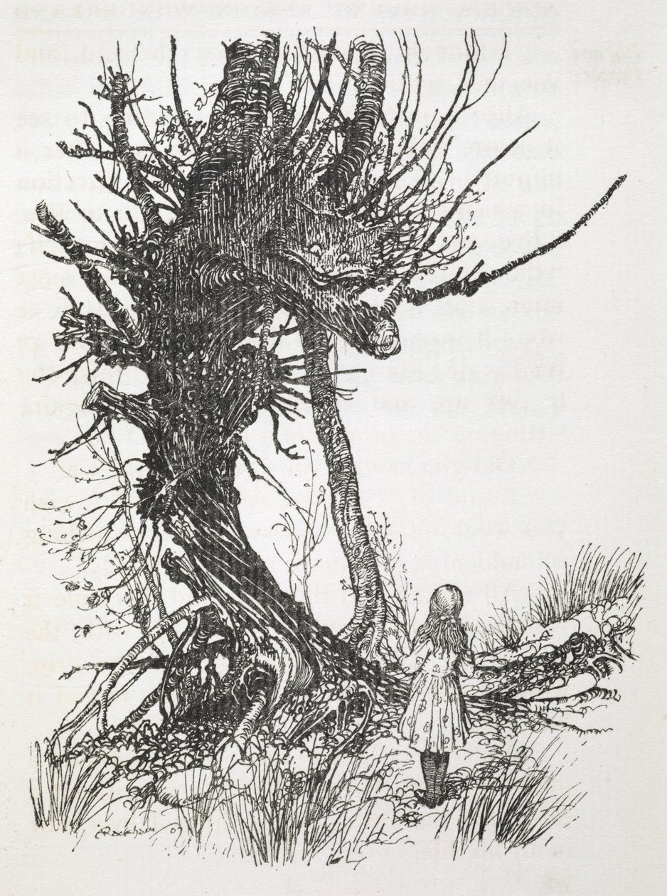 Die Grinsekatze in einem Baum, die auf Alice herabblickt von Arthur Rackham