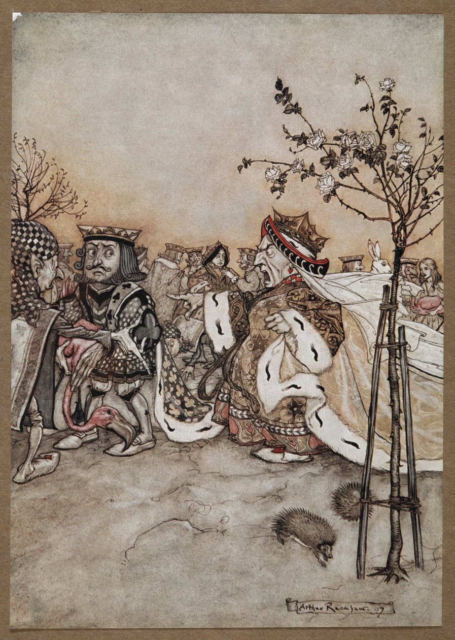 Die Herz-Königin schreit wütend nach dem Krocketspiel von Arthur Rackham