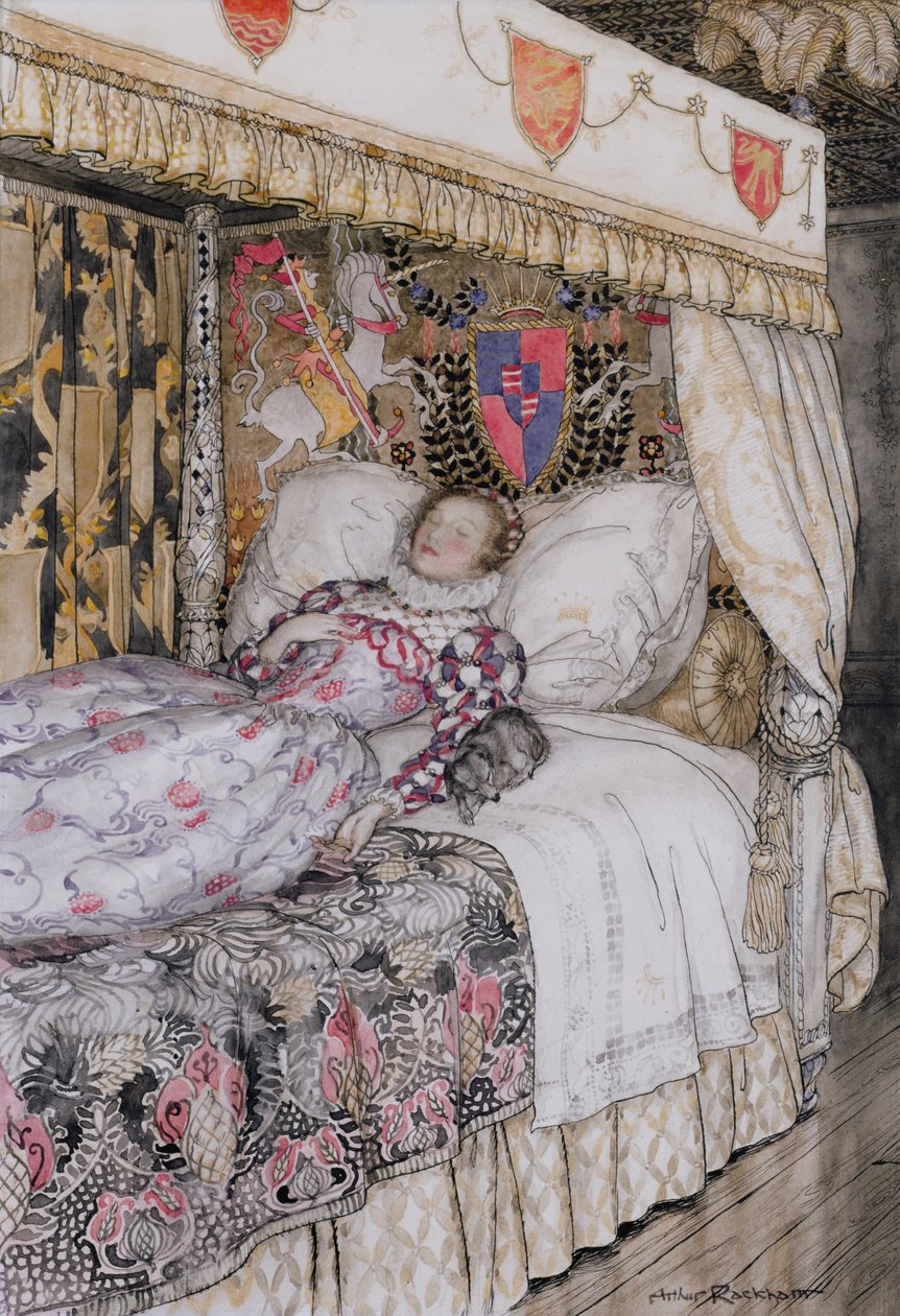 Die schlafende Prinzessin, Illustration für The Allies Fairy Book, Heinemann, 1916 von Arthur Rackham