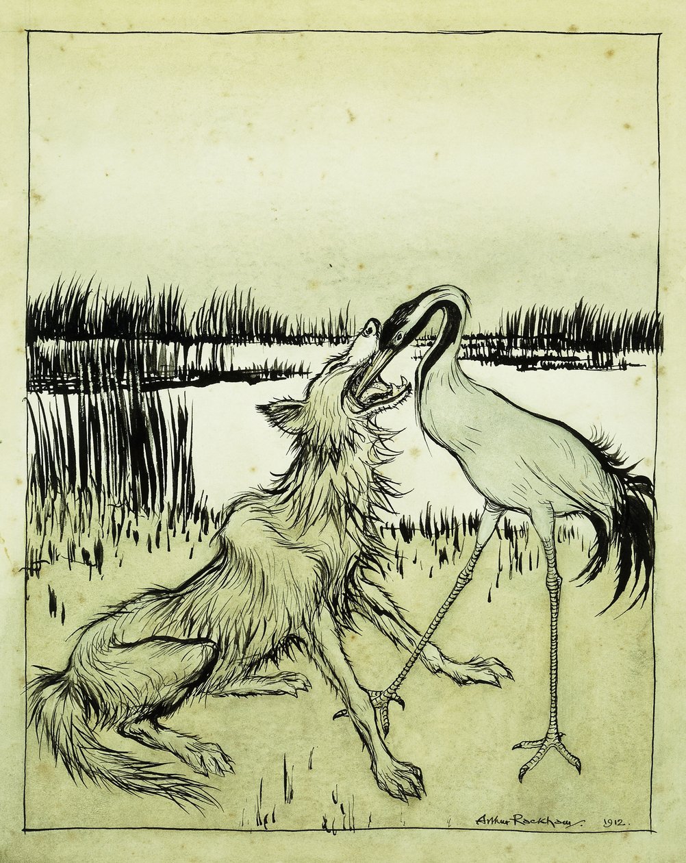 Der Wolf und der Kranich - Äsops Fabeln, 1912 von Arthur Rackham