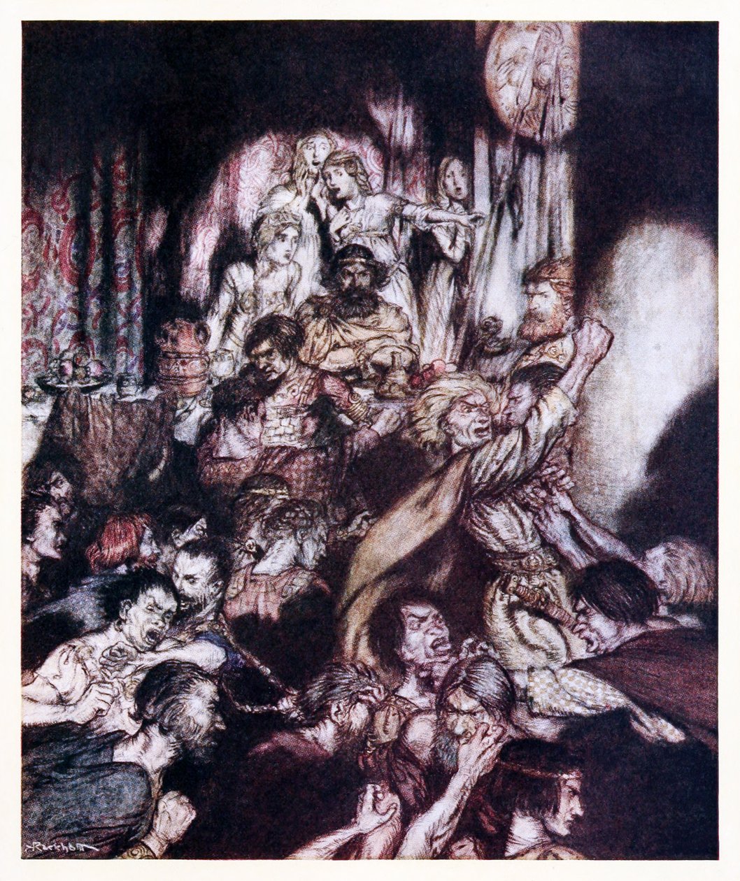 Der Bankettsaal war in Aufruhr. aus The Little Brawl in Irish Fairy Tales von Arthur Rackham