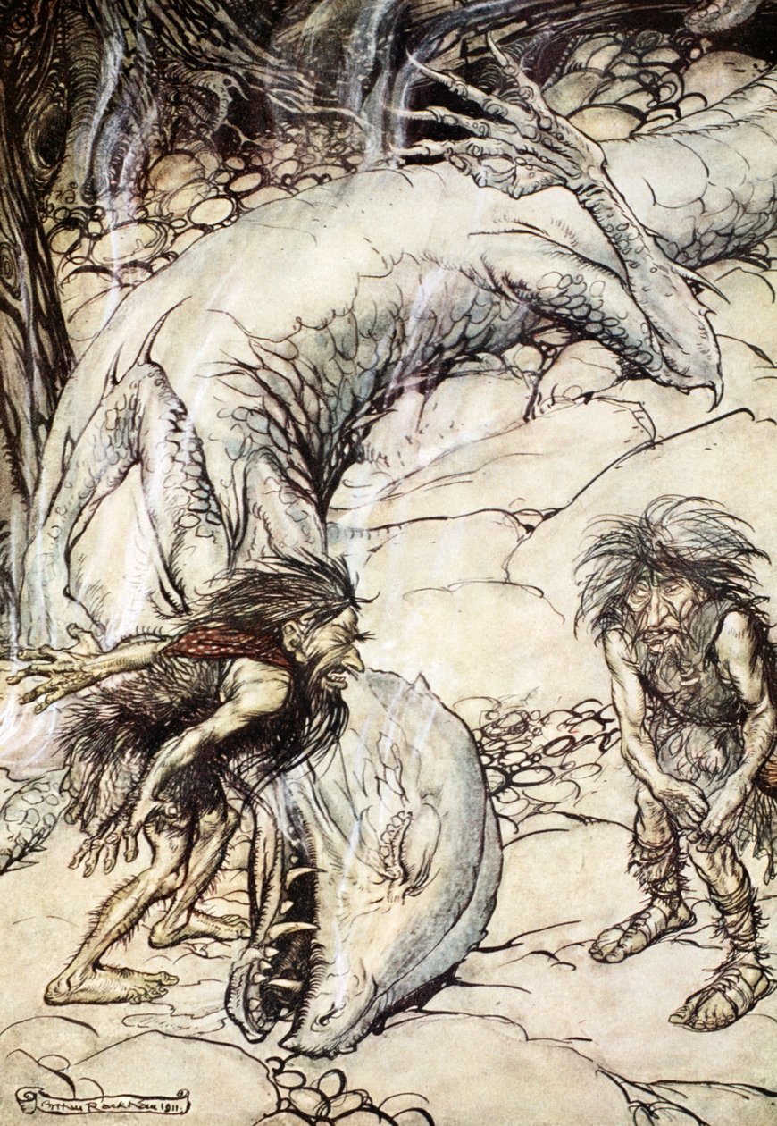 Die Zwerge streiten sich über den Körper von Fafner von Arthur Rackham