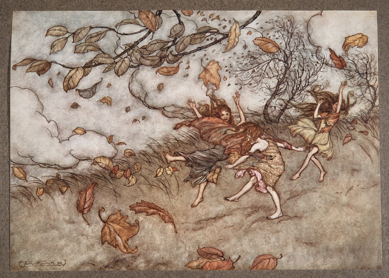 Es gibt fast nichts, das so viel Spaß versteht wie ein gefallenes Blatt, aus Peter Pan in Kensington Gardens von J M Barrie, veröffentlicht 1906 von Arthur Rackham