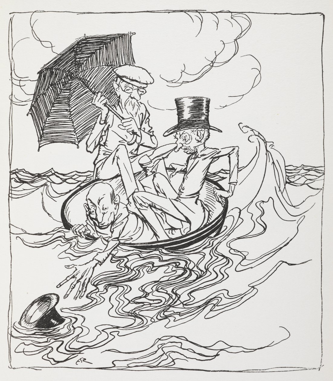 Drei Männer in einer Schüssel auf dem Meer. von Arthur Rackham