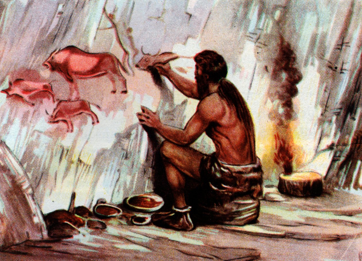 Ein Homo Sapiens malt in einer Höhle, aus 