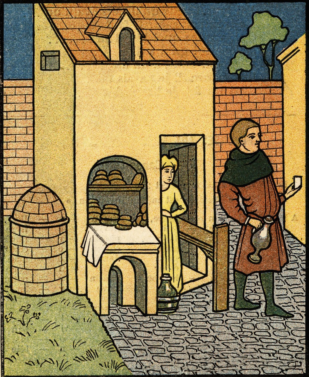 Eine Bäckerei im 16. Jahrhundert. nach einer Miniatur der Zeit. von Artist Unknown