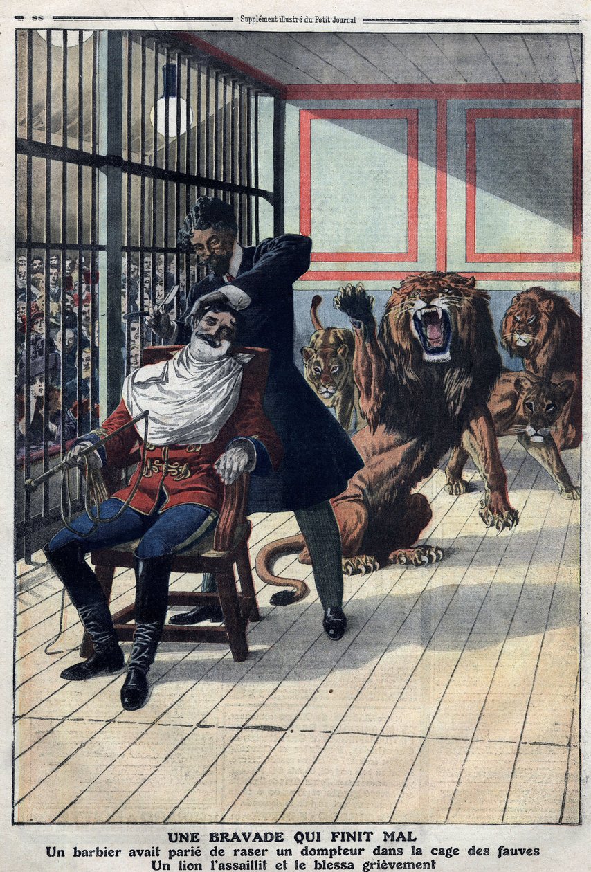 Ein Bravado, das schlecht endet: Ein Barbier, der wettete, einen Dompteur im Käfig der Tiere zu rasieren von Artist Unknown