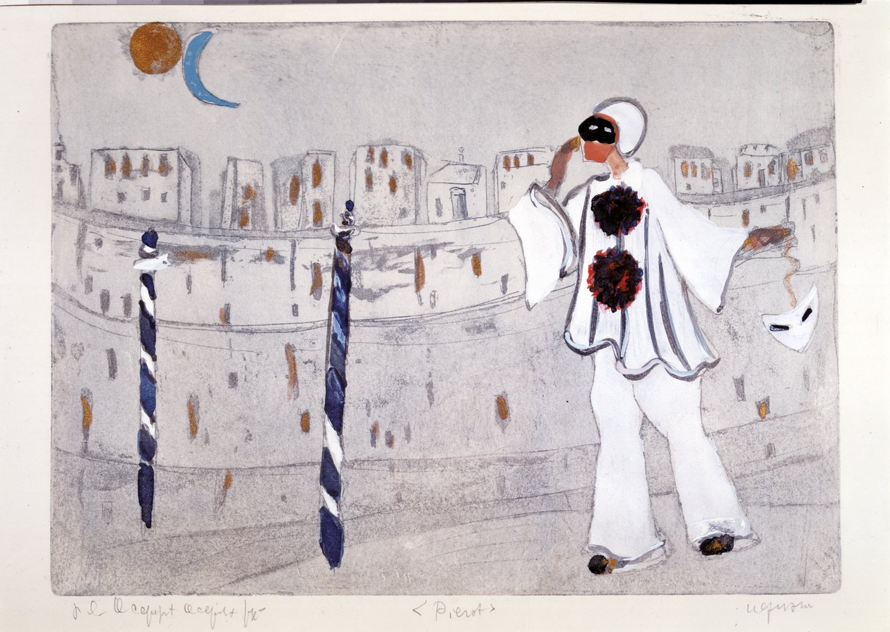 Eine moderne Interpretation von Pierrot mit Venedig im Hintergrund von Artist Unknown