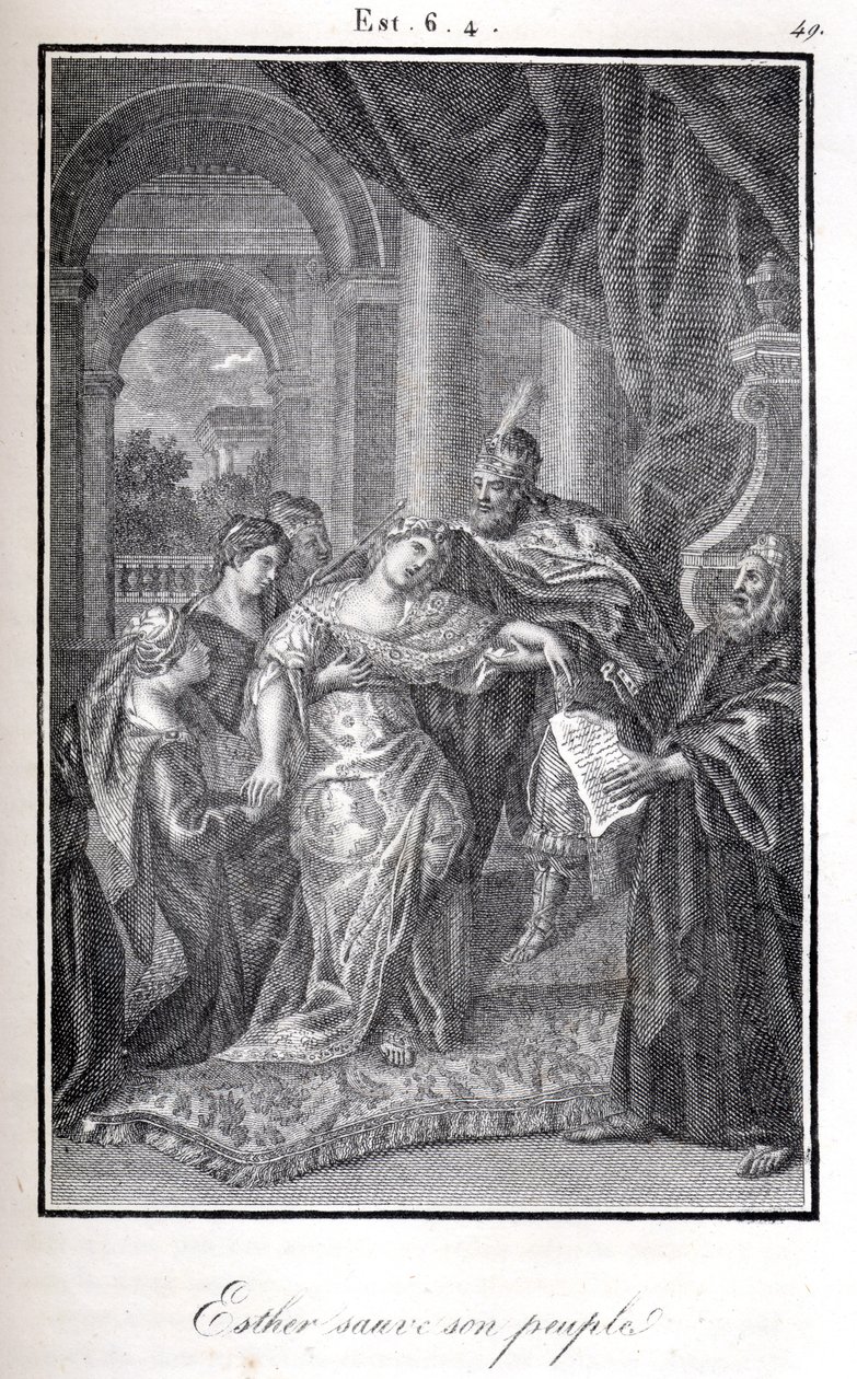 Bibel, Esther rettet ihr Volk, indem sie Ahaseuerus erzählt, dass Haman plante, sie zu töten (Gravur) von Artist Unknown