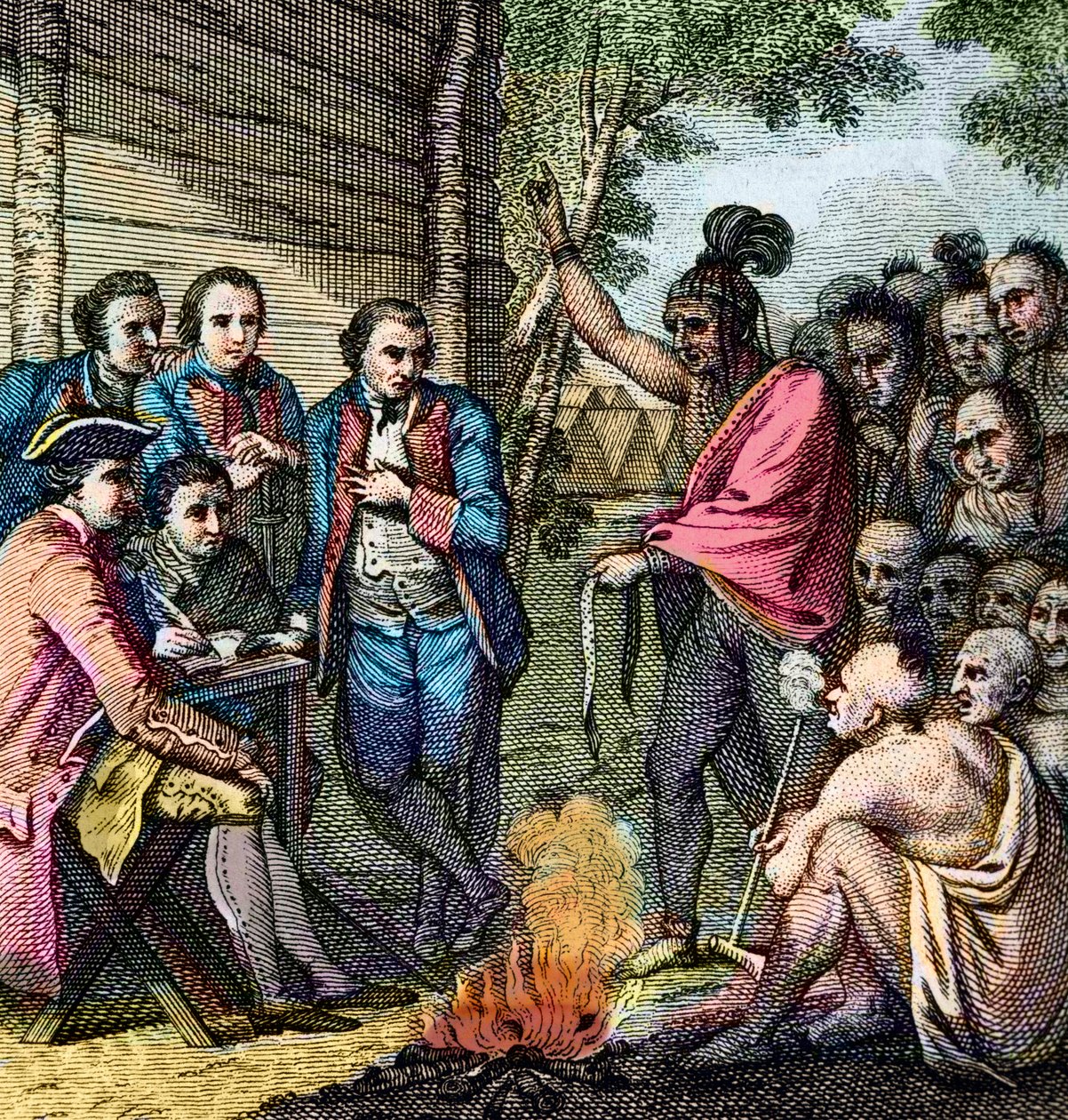 Rat des britischen Generals Henry Bouquet mit den Ureinwohnern während des Pontiac-Krieges von Artist Unknown