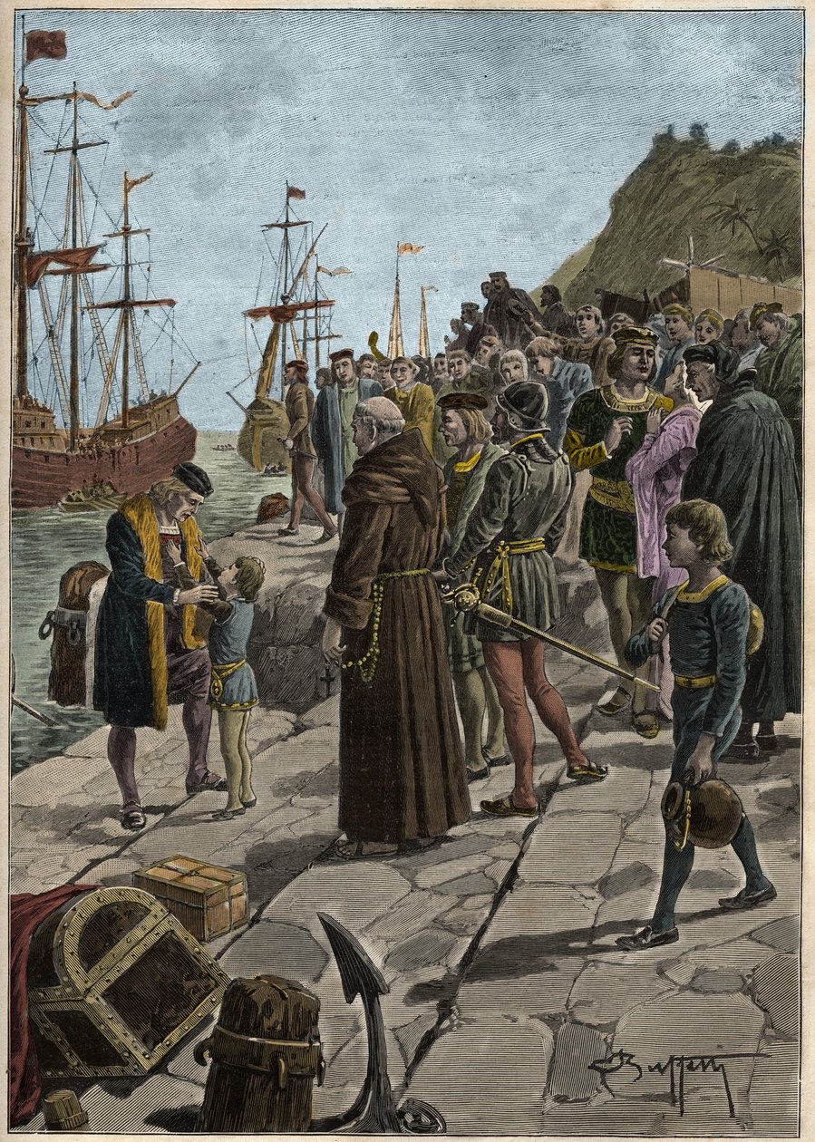 Abfahrt von Christoph Kolumbus und seinen Gefährten aus dem Hafen von Palos in Spanien am 3. August von Artist Unknown